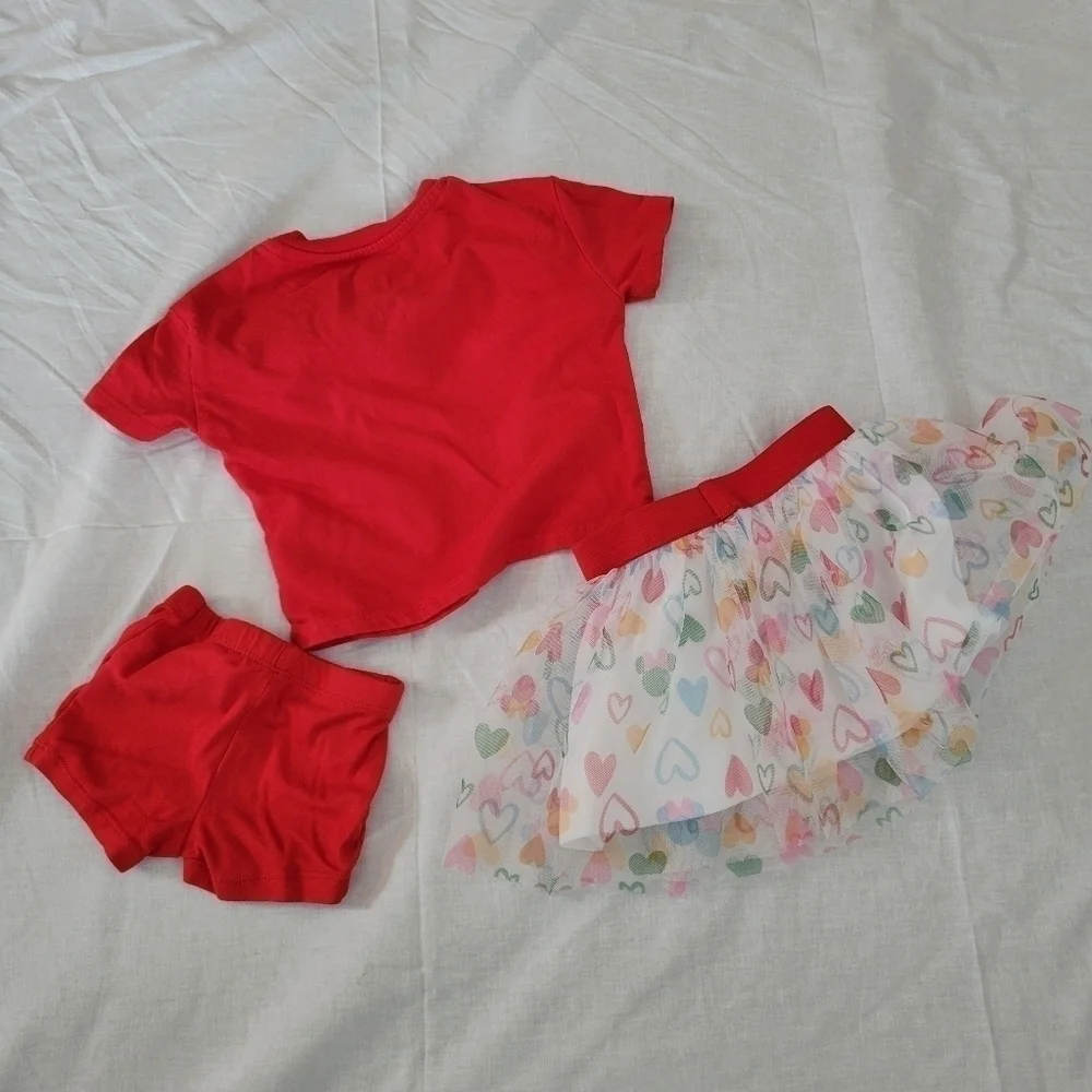 Disney Junior 3pc Minnie Mouse red w/hearts short sleeve, shorts, & skirt 12m